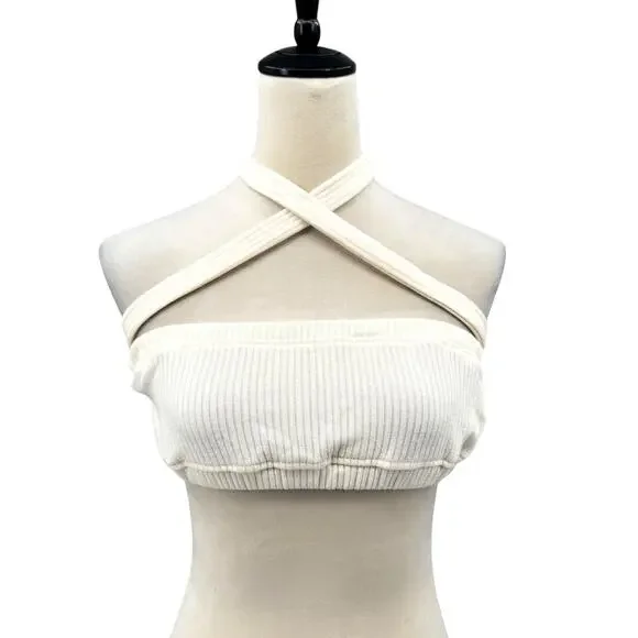 We Wore What NWT Tie Halter Bra Ribbed Ivory Cream Cropped Bandeau Top - Picture 4 of 14